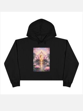 Lotus Yin Yang Art Print Crop Top Hoodie - Black